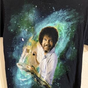 BOB ROSS Black Graphic Short Sleeve Tee with cosmic design background. EUC.